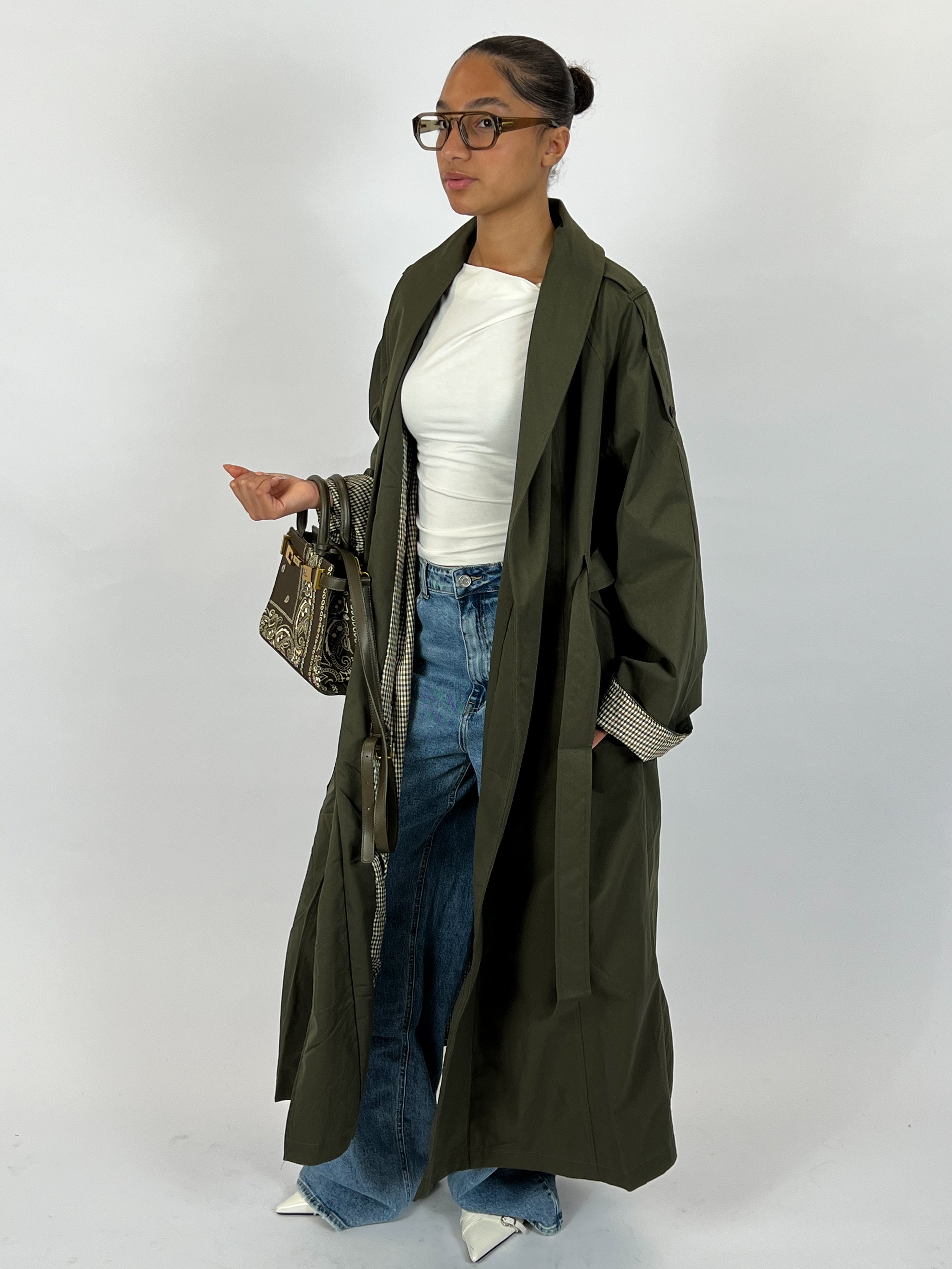 CHECHERED MAXI TRENCH COAT ARMY