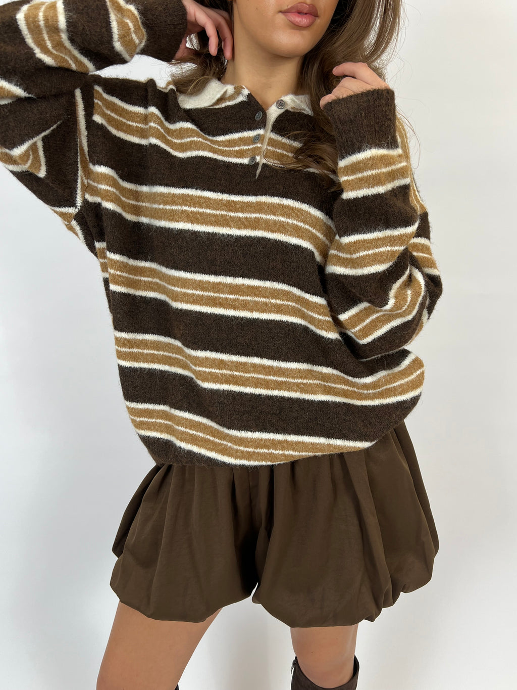 ULTRA SOFT STRIPED POLO KNIT CHOCO/BROWN