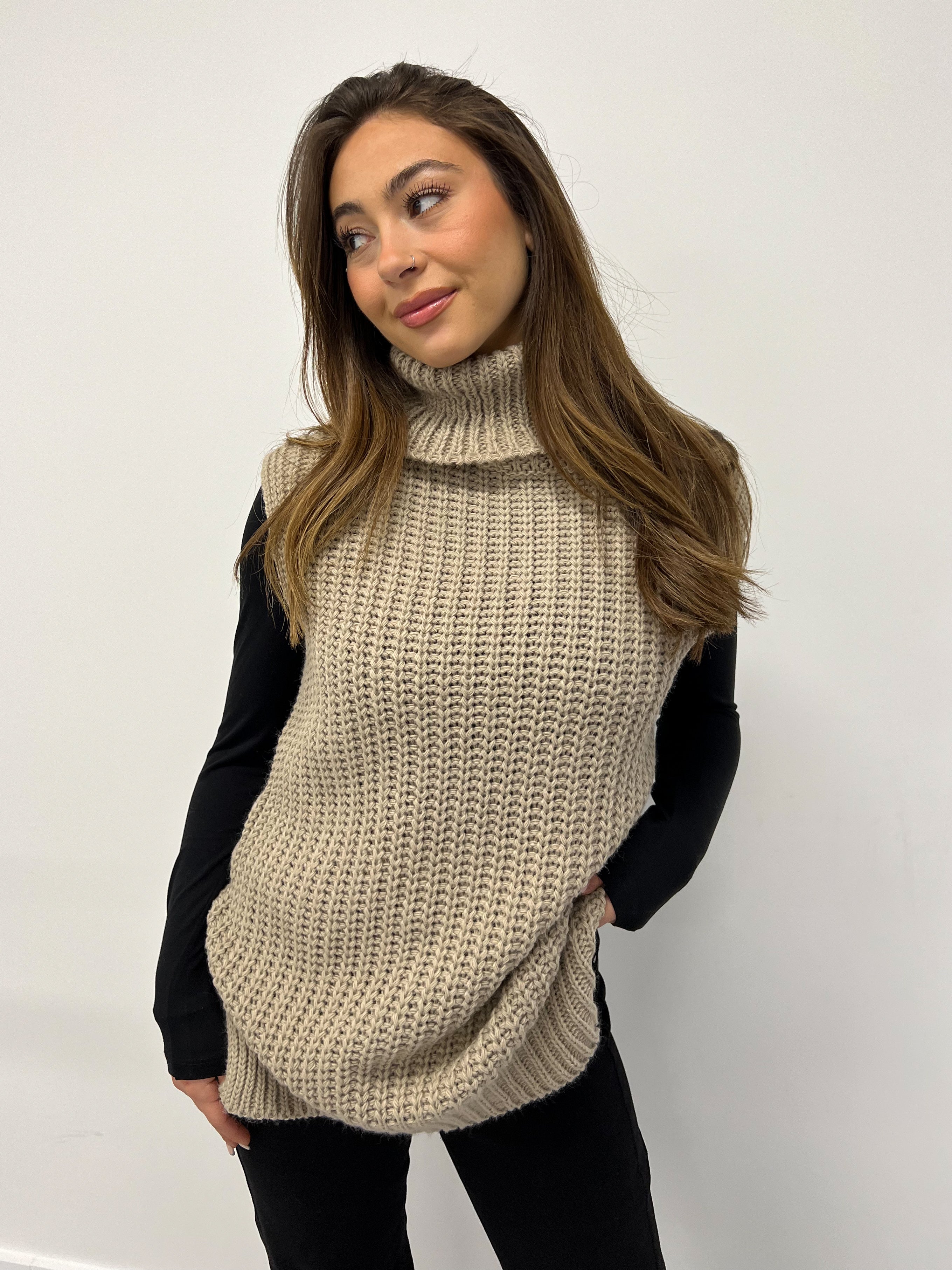 KNIT COL TOP TAUPE