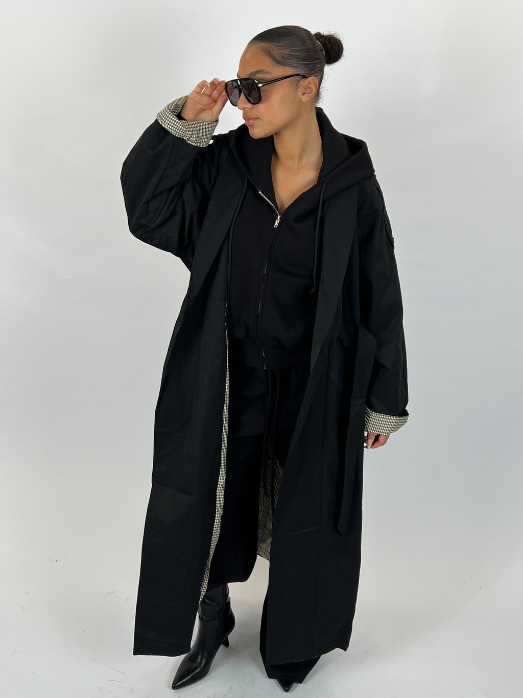 CHECHERED MAXI TRENCH COAT BLACK