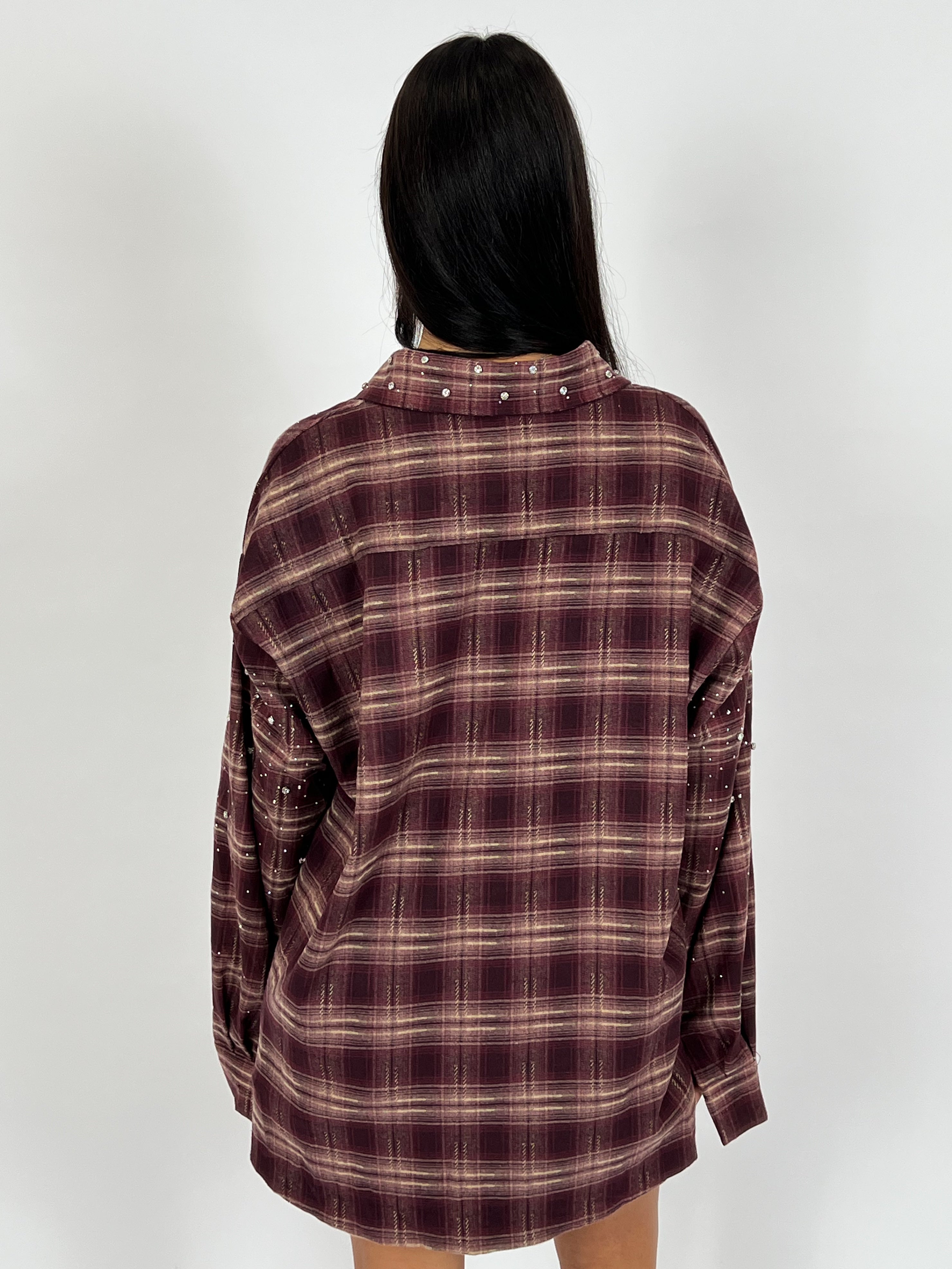RHINESTONES CHECK SHIRT BORDEAUX