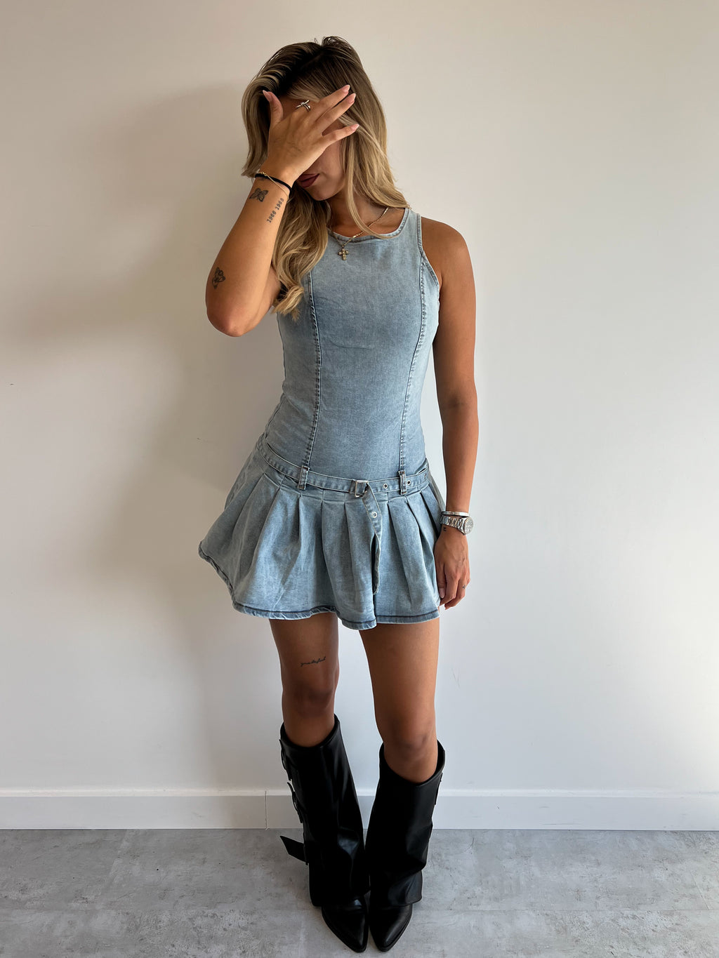STRETCH DENIM PLISSE DRESS
