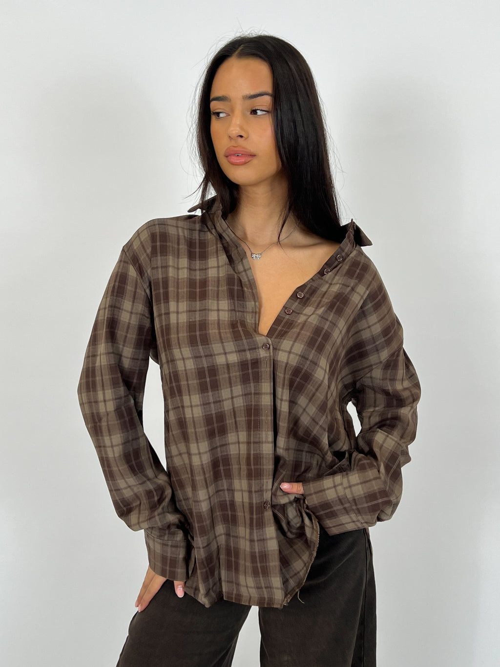 CHECK BLOUSE DARK BROWN