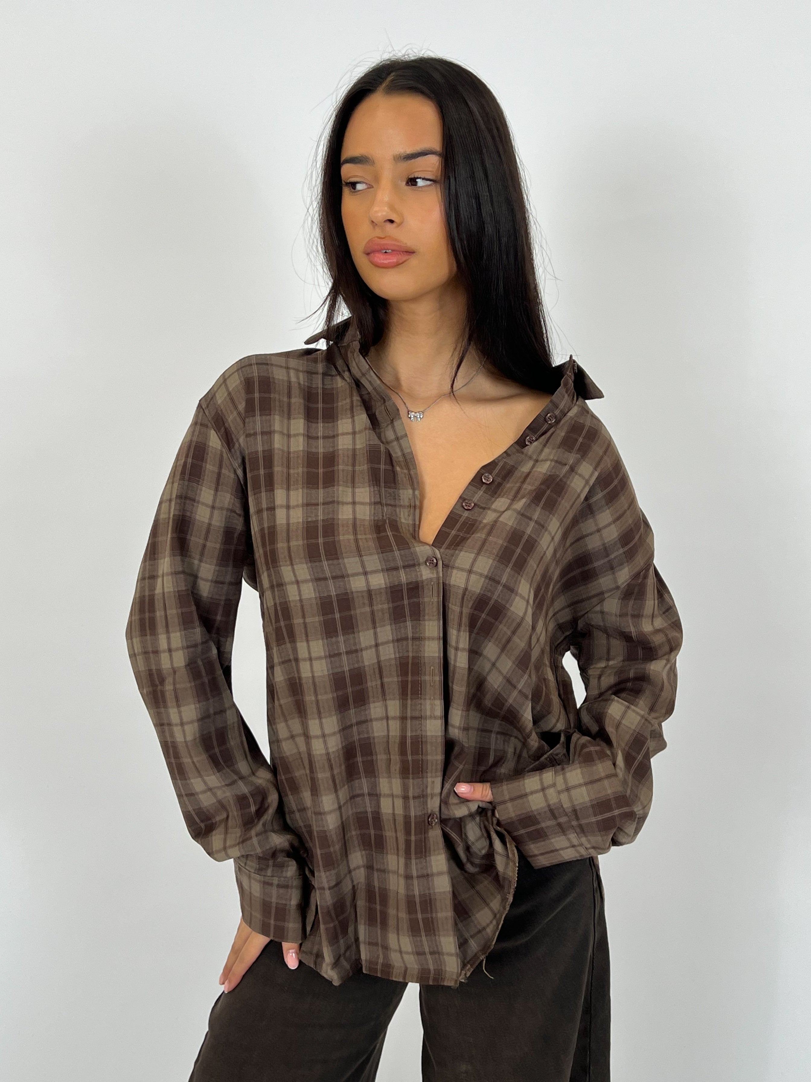CHECK BLOUSE DARK BROWN