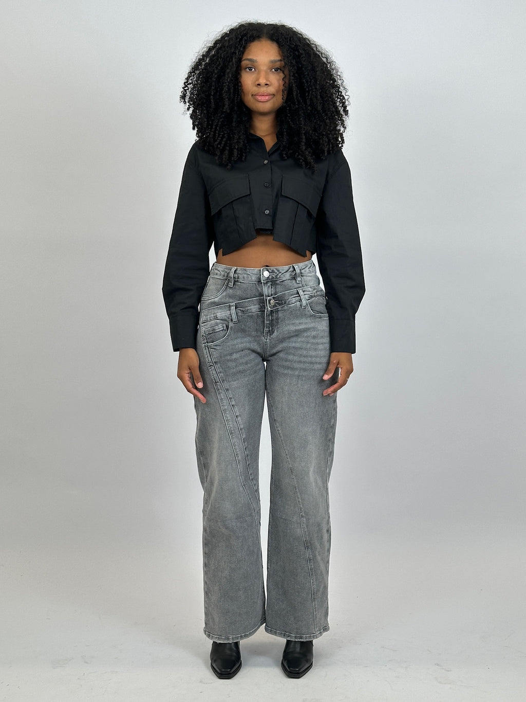 DOUBLE WAIST STRETCH JEANS GREY