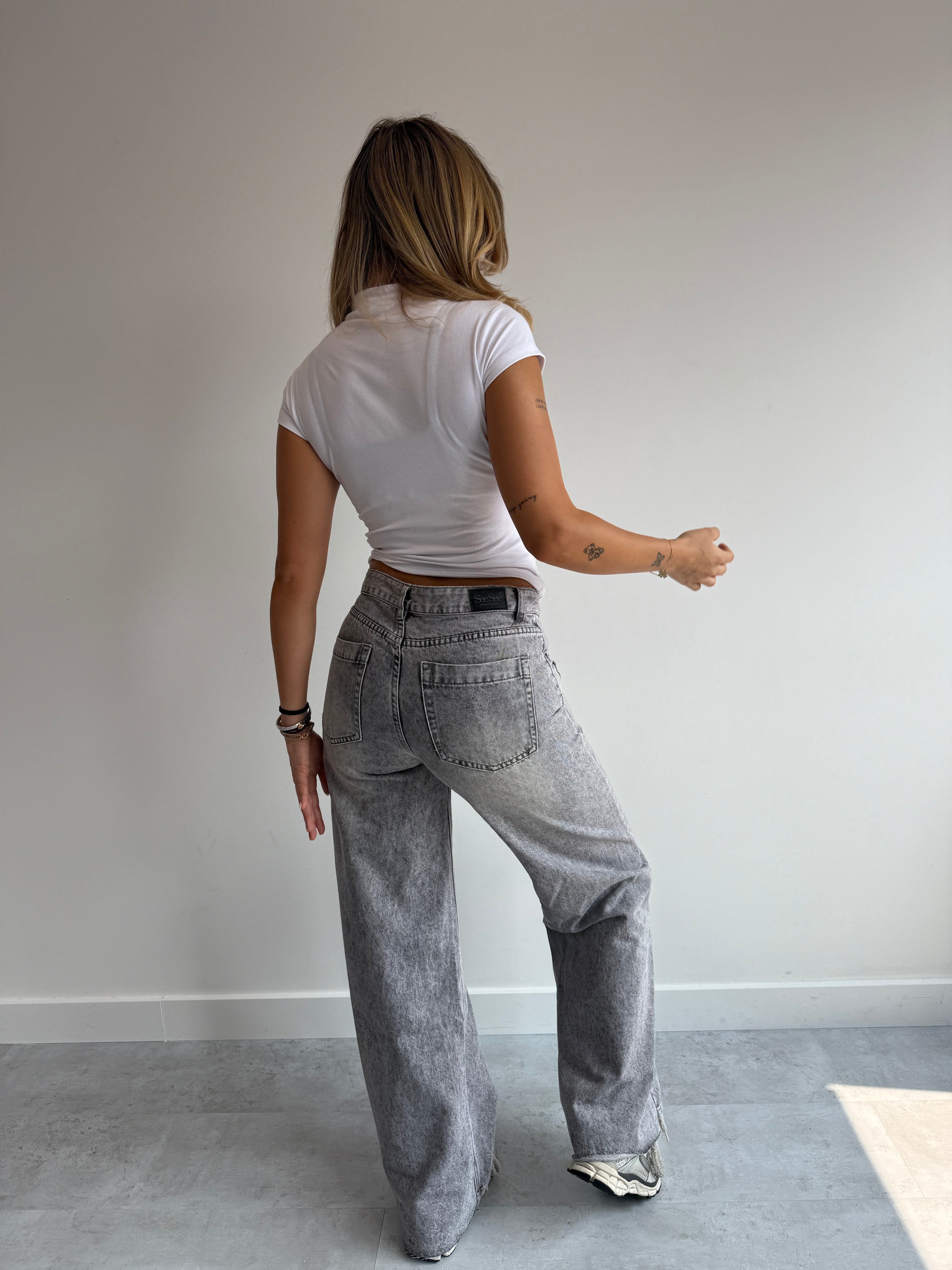 DOUBLE WAIST STRIPE JEANS GREY
