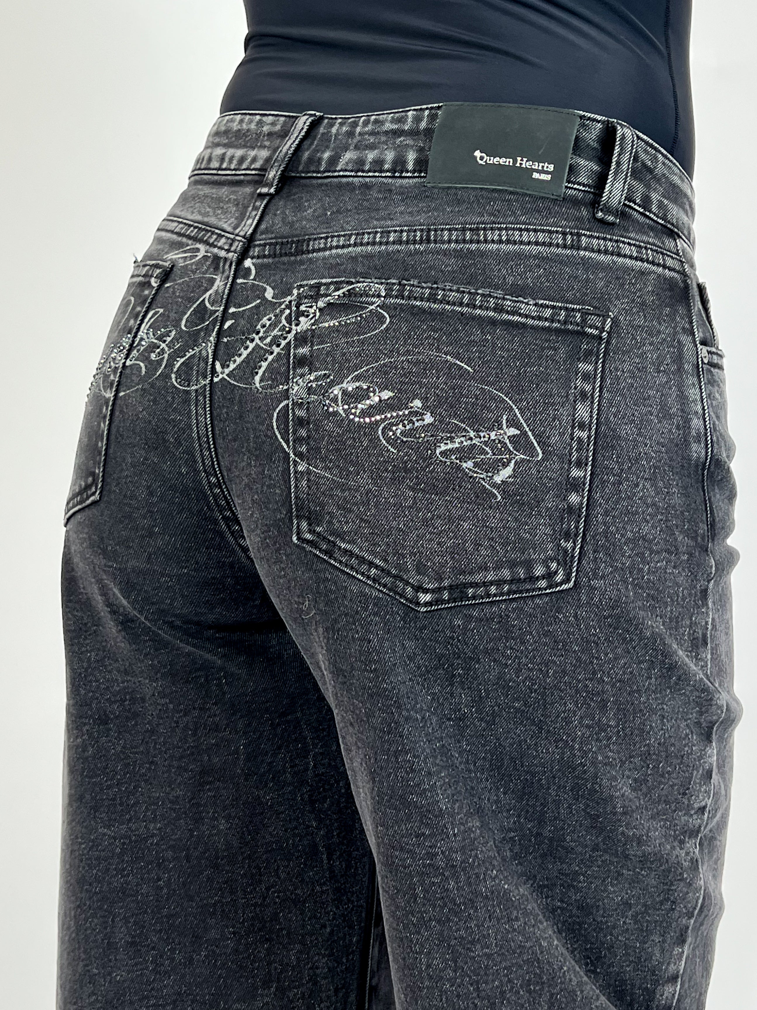 RHINESTONE BUM STRETCH WIDE LEG BLACK