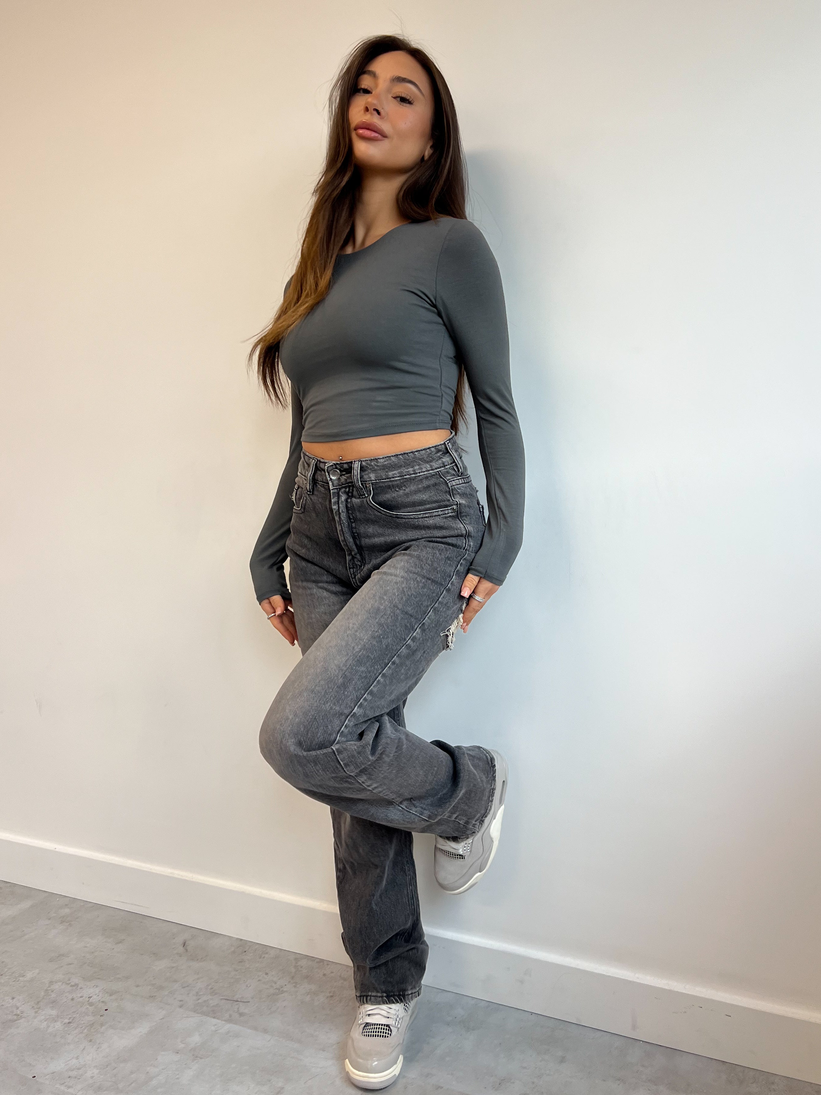 MAISON STRETCH RHINESTONE JEANS DARK GREY