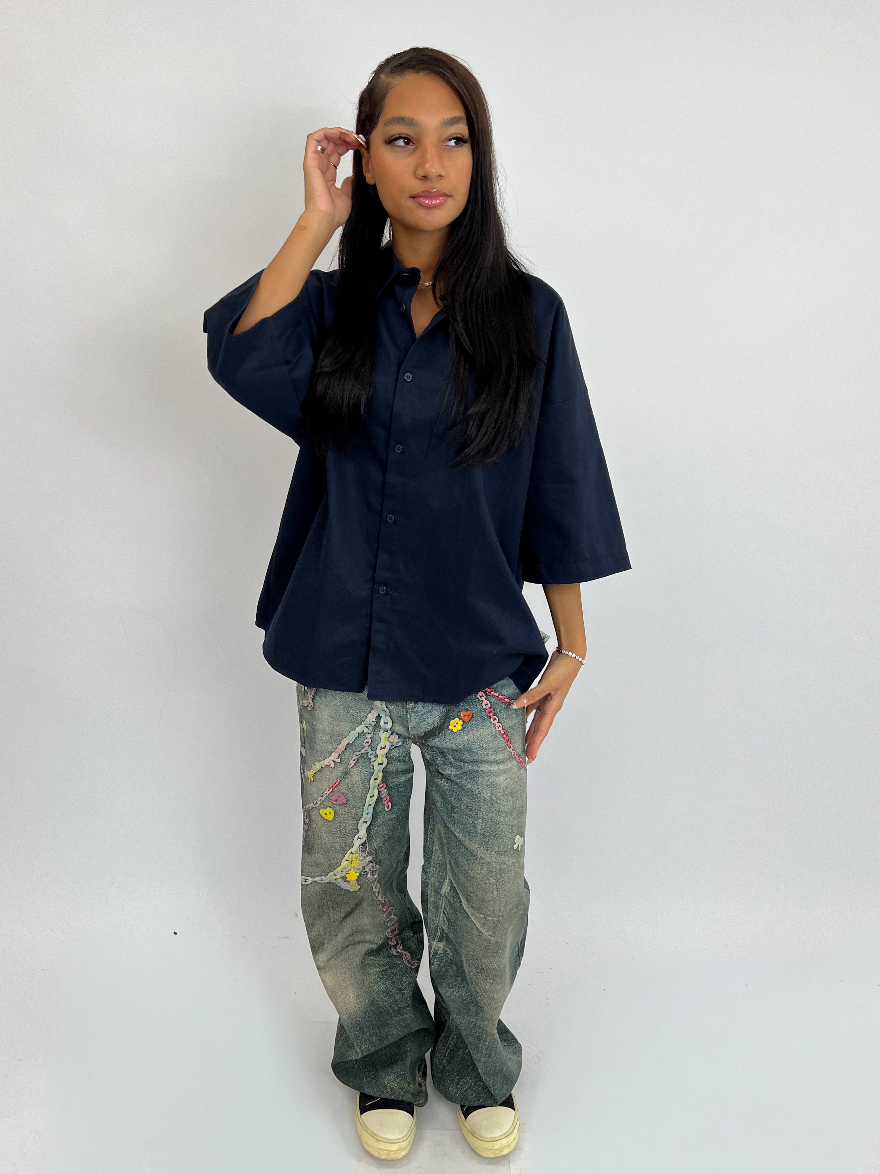 EXCLUSIVE TOKYO 81 BOYFRIEND BLOUSE NAVY/WHITE