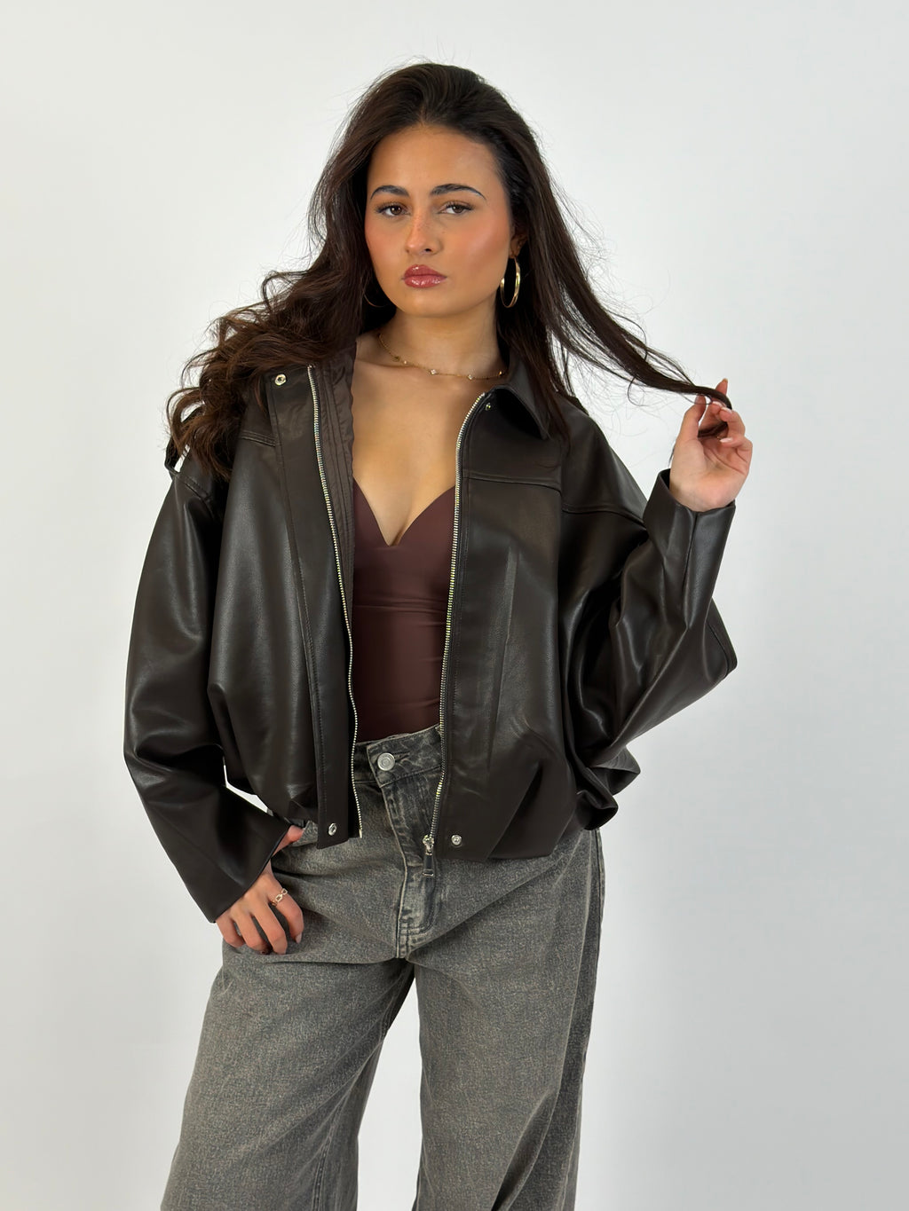 PUFFY LEATHER BOMBER BROWN