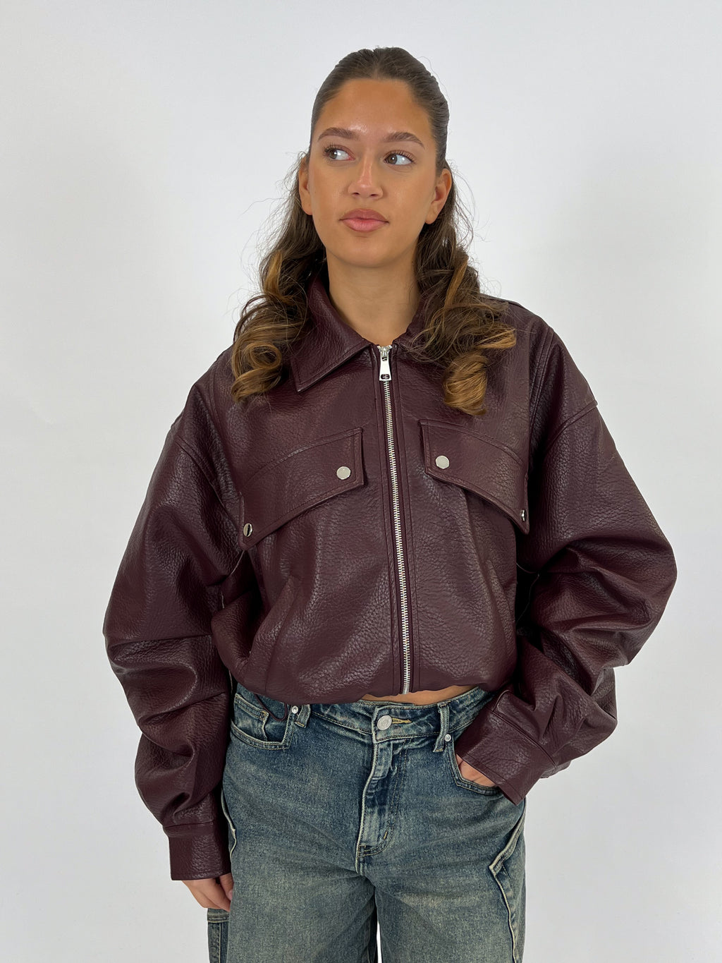 PUFFY LEATHER BOMBER BORDEAUX
