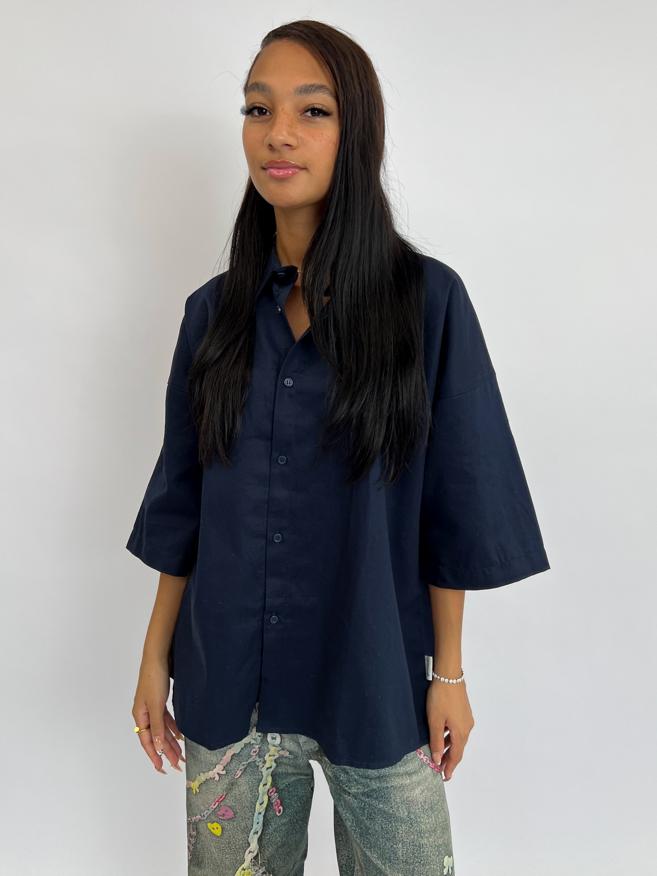 EXCLUSIVE TOKYO 81 BOYFRIEND BLOUSE NAVY/WHITE