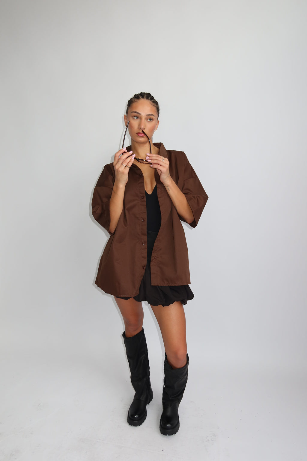 EXCLUSIVE TOKYO 81 BOYFRIEND BLOUSE BROWN/WHITE