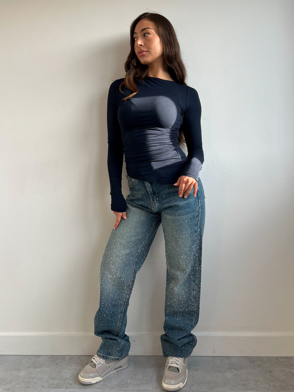 STRAIGHT LEG BLUE RHINESTONE JEANS