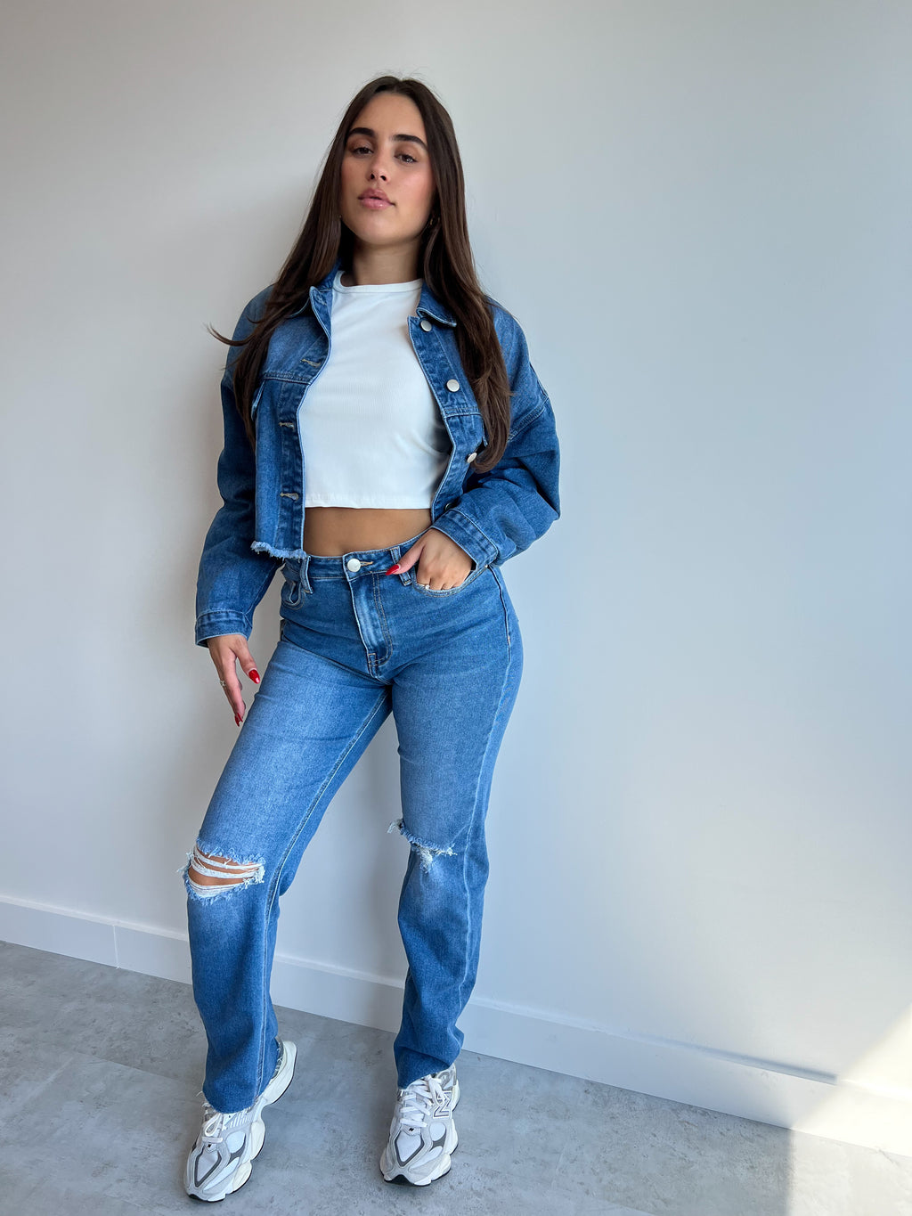 CROP JEANSJACKE MITTELBLAU