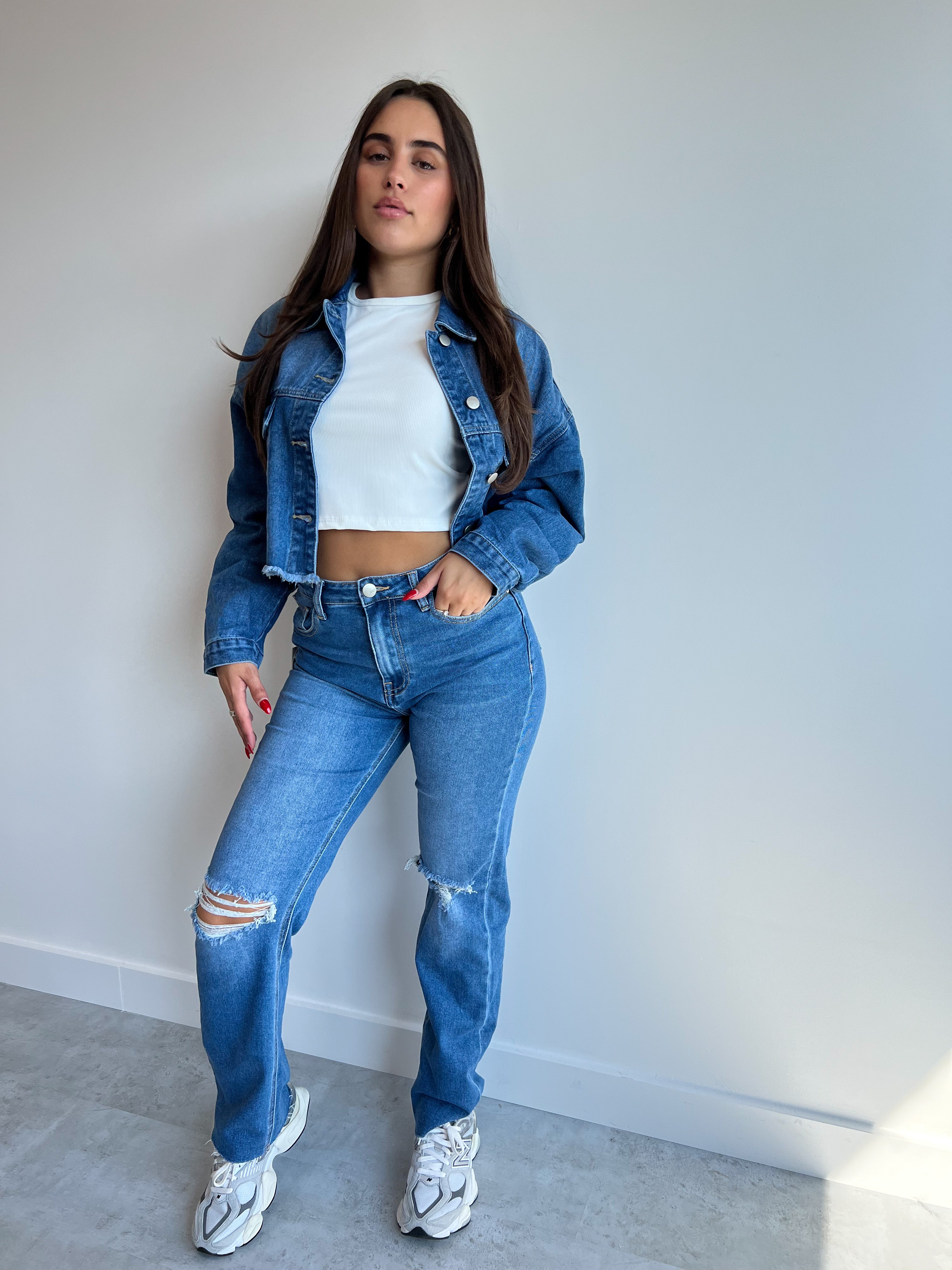 CROP JEANSJACKE MITTELBLAU