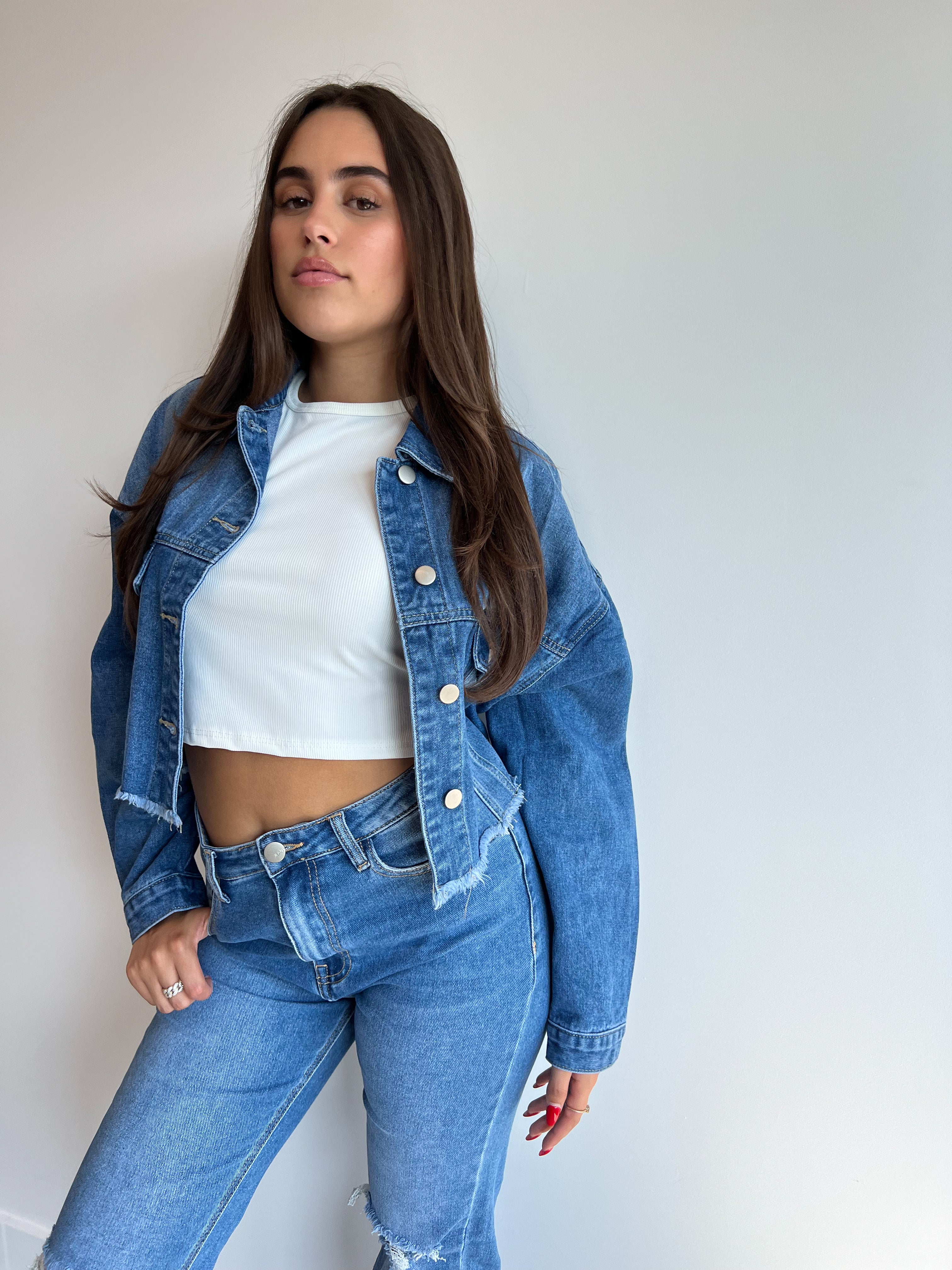 CROP JEANSJACKE MITTELBLAU